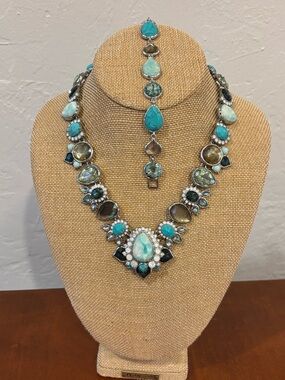 Chloe + Isabel Peacock Plumes Turquoise & Crystal Collar Necklace & Bracelet Set